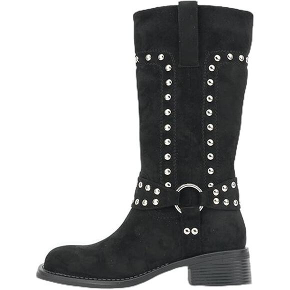 Studded Faux Suede Biker Riding Chunky Heel Round Toe Moto Boots, Black, 9.5 - Picture 2 of 5